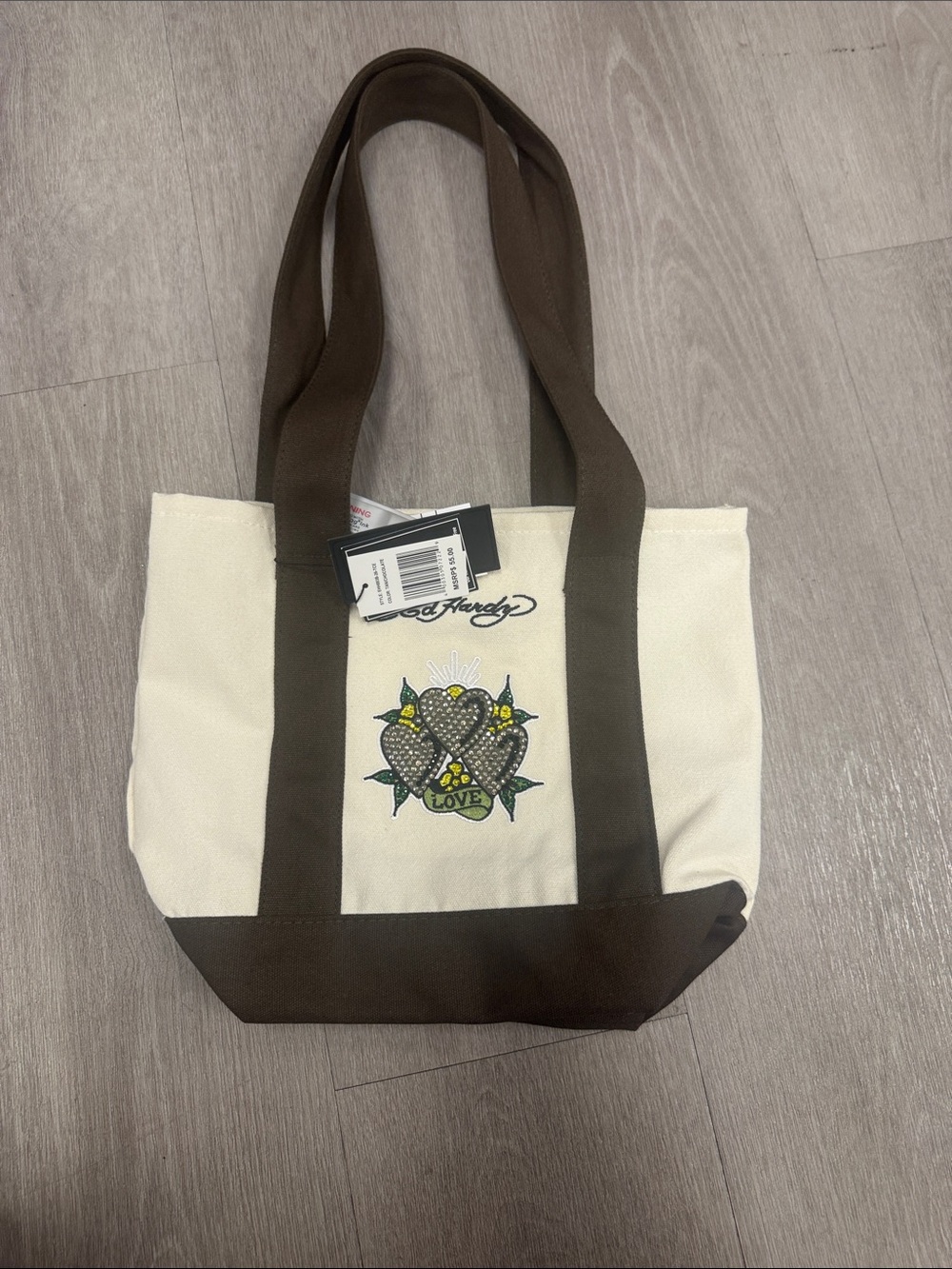 Canvas Tote Bag with Love Heart Graphic - Cream & Brown